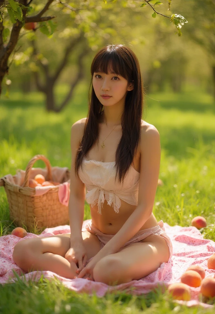 A 20-year-old woman with the cute face of an idol who looks 15 years old.。Gentle and cute。Please smile kindly。She is completely naked、The bust is a little large Sitting naked on a picnic sheet in a park with beautiful cherry blossoms, eating a packed lunch Raw photo real genuine real life No copyright notice