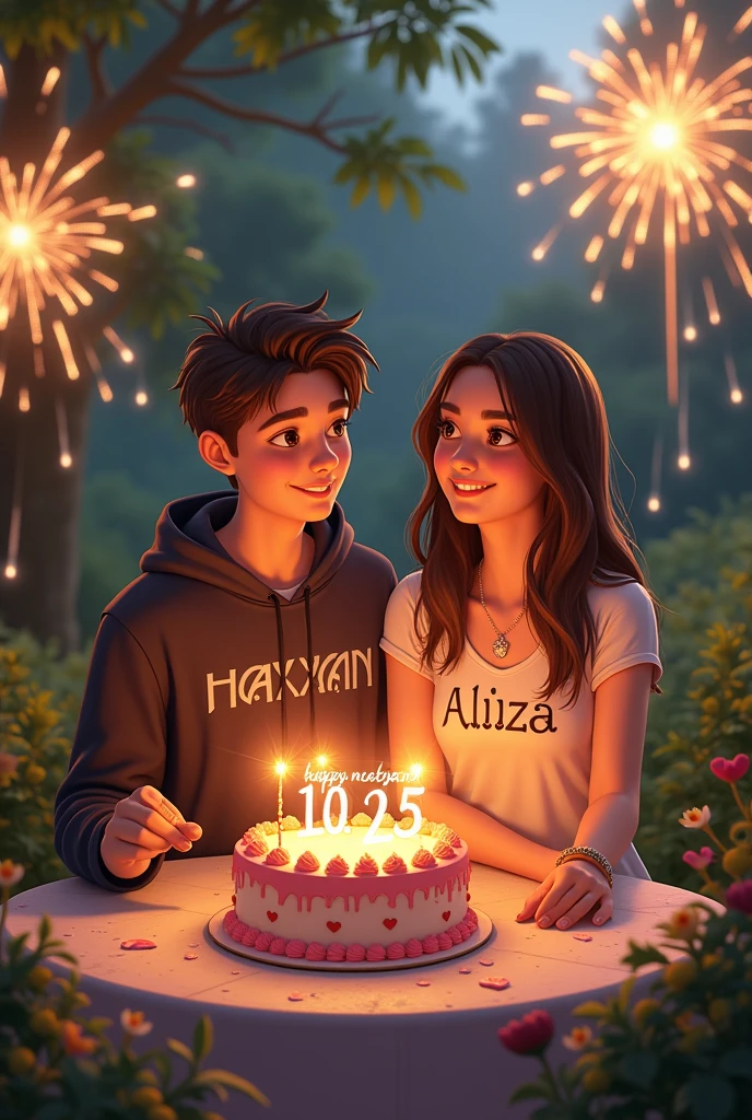 (photorealism:1.2), A boy and a girl are celebrating the girls birthday and background named with the balloons happy birthday Farheen and the boy is feeding pizza to his girlfriend with his own hands. While other slices of pizza are keep on table Infront of them and chocolate cake with a cold drink also
