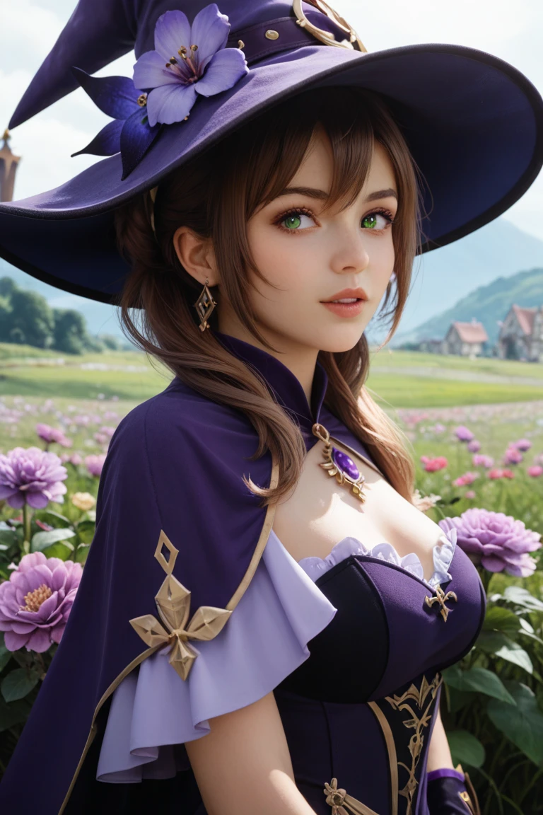 a beautiful girl, perfect face, arms at sides, masterpiece, ultra high res, high quality, 4k, upper body:1.5,  lisa (genshin impact), urple witch hat, green eyes, brown hair, (PureErosFace_V1:0.008), (european:1.6), bangs, dress, rose, jewelry, witch, capelet, purple headwear, black gloves, purple flower, hair between eyes, purple rose, parted lips, purple capelet, hat flower, multicolored dress, hair ornament,  windmill, from side,