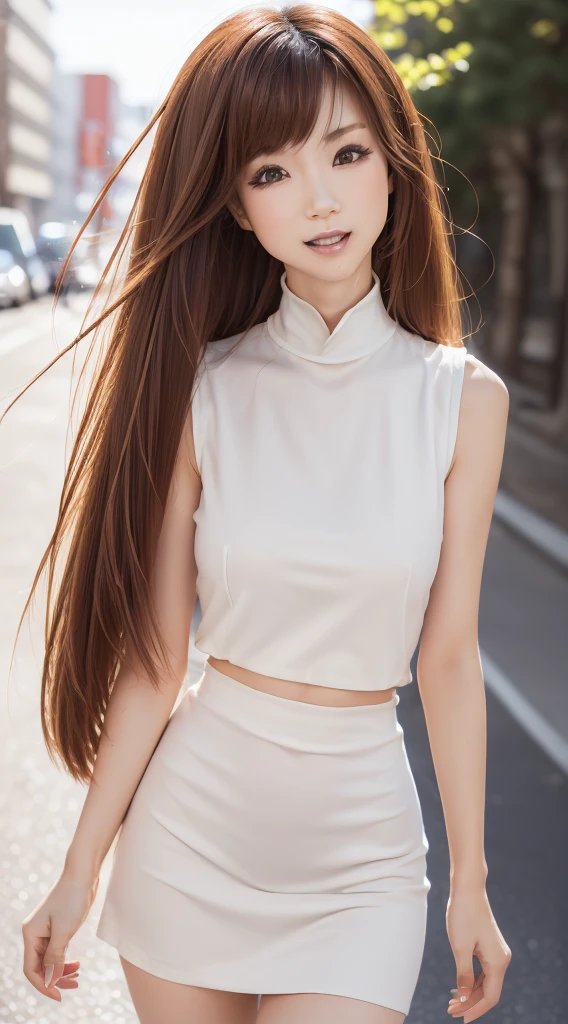 ( top quality , 32K,  NFFS DAW:1.2),( Fresh Smile :1.5),( watch the viewers:1.1）,（Hide your hands:2.0）,(cute beautiful Japanese ）,（ straight hair,  long hair, Thin Hair:1.2), （  high neck sleeveless ,   tight skirt :1.5), （ high heels;1.3), Detailed clothing, (( Perfect Female Bodies)), ( thin waist:1.05), ( bust up portrait:1.3), slender, ((Encircling the head)), hair blowing in the wind,  dynamic pose, Cinematic Light, backlit, Detailed human body, Perfect Proportions, 8k, masterpiece,  top quality ,