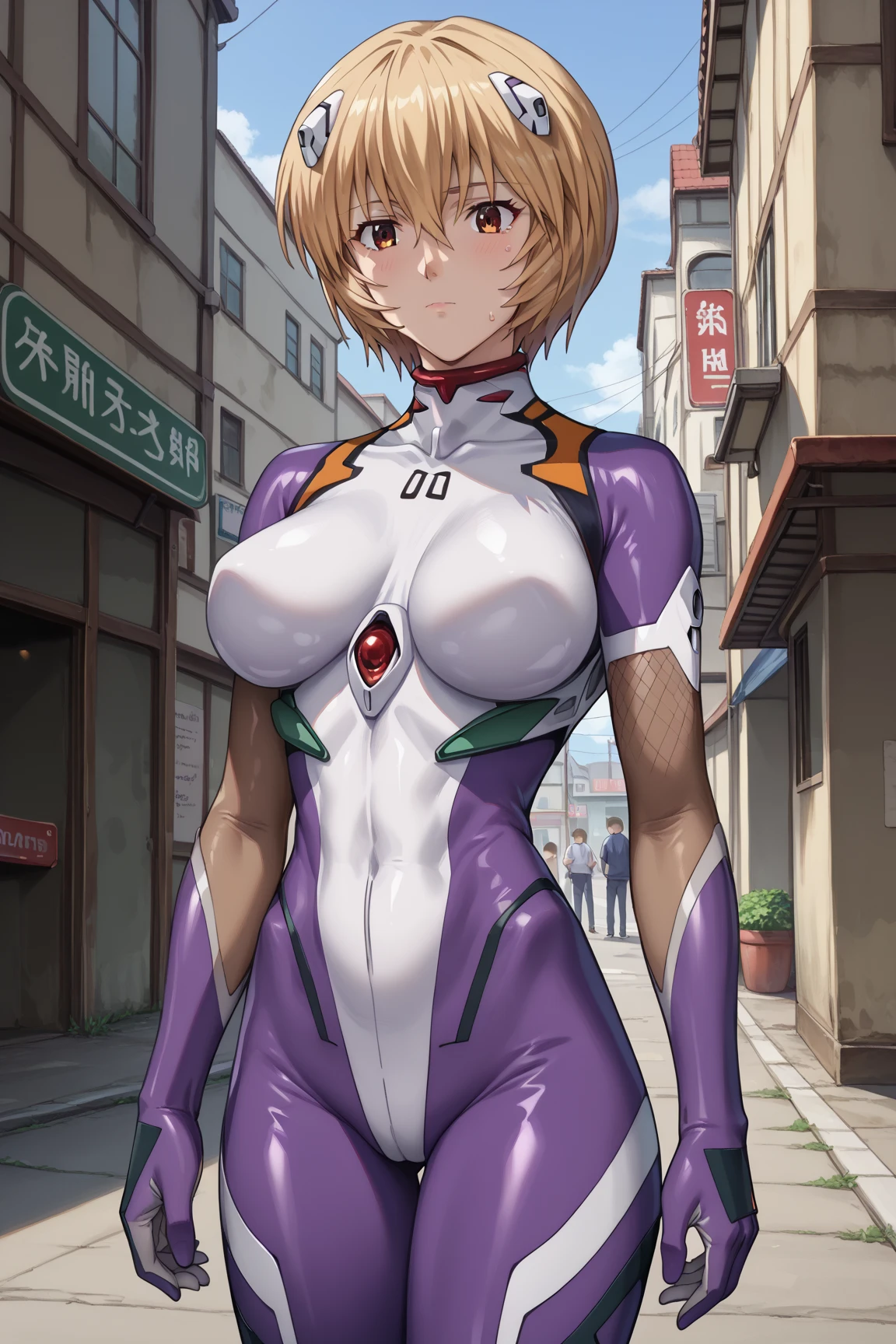  interruption source _Anime, viewers sweat a lot, 1 girl, bangs, underbust,  THIG-LENGTH SOCKS,large breasts, (taimanin suit), (two breast), , dark alleyナイトシティ,  taimanin suit, body suit, beautiful detailed eyes, ガニ股, latex, leotard, Ayanami rei