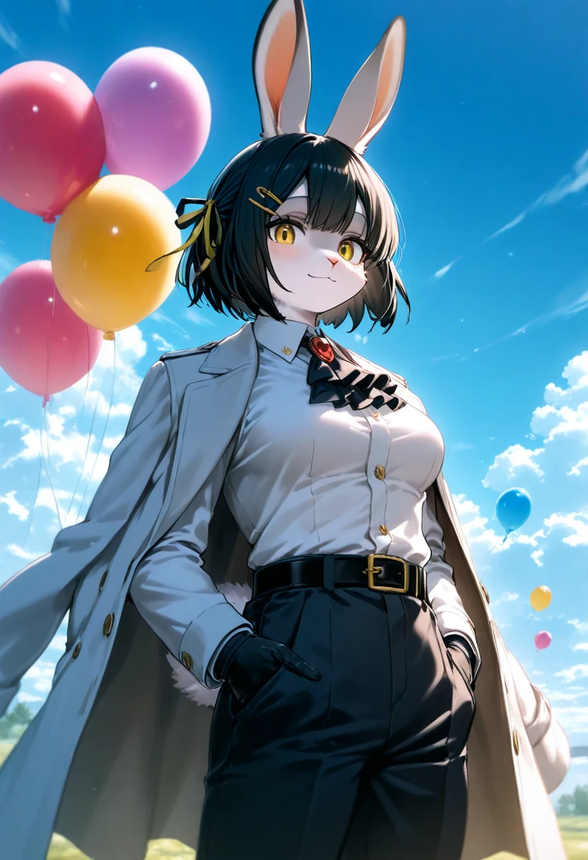 1girl, (furry, kemono:1.4), rabbit girl, animal nose, rabbit ears, rabbit tail, black hair, yellow eyes, hands in pockets, short hair, breasts, medium breasts, pants, shirt, hair ornament, hair ribbon, jacket, collared shirt, long sleeves, ascot, gloves, brooch, belt, hairclip, looking at viewer, outdoors, coat, solo, cowboy shot, sky, balloon, white shirt, cloud, black pants, closed mouth, smile, blue sky, jewelry, white jacket, black gloves, black ascot, white coat, day, grey jacket, black belt, coat on shoulders