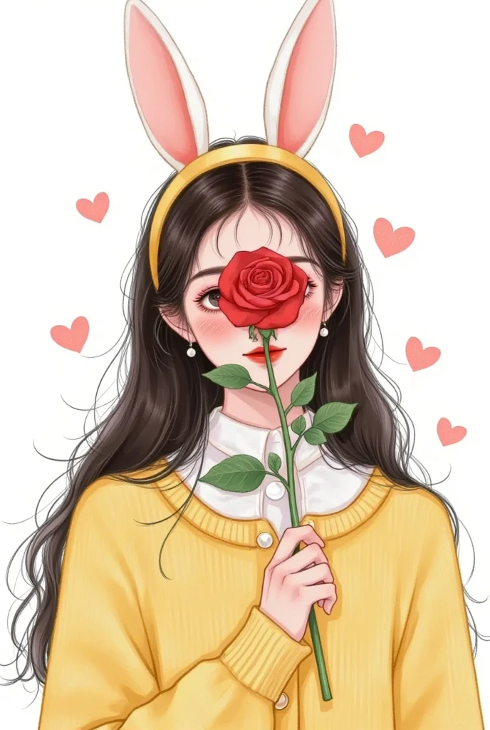 A cute girl wearing rabbit ears, Cover your eyes with a rose in your hand