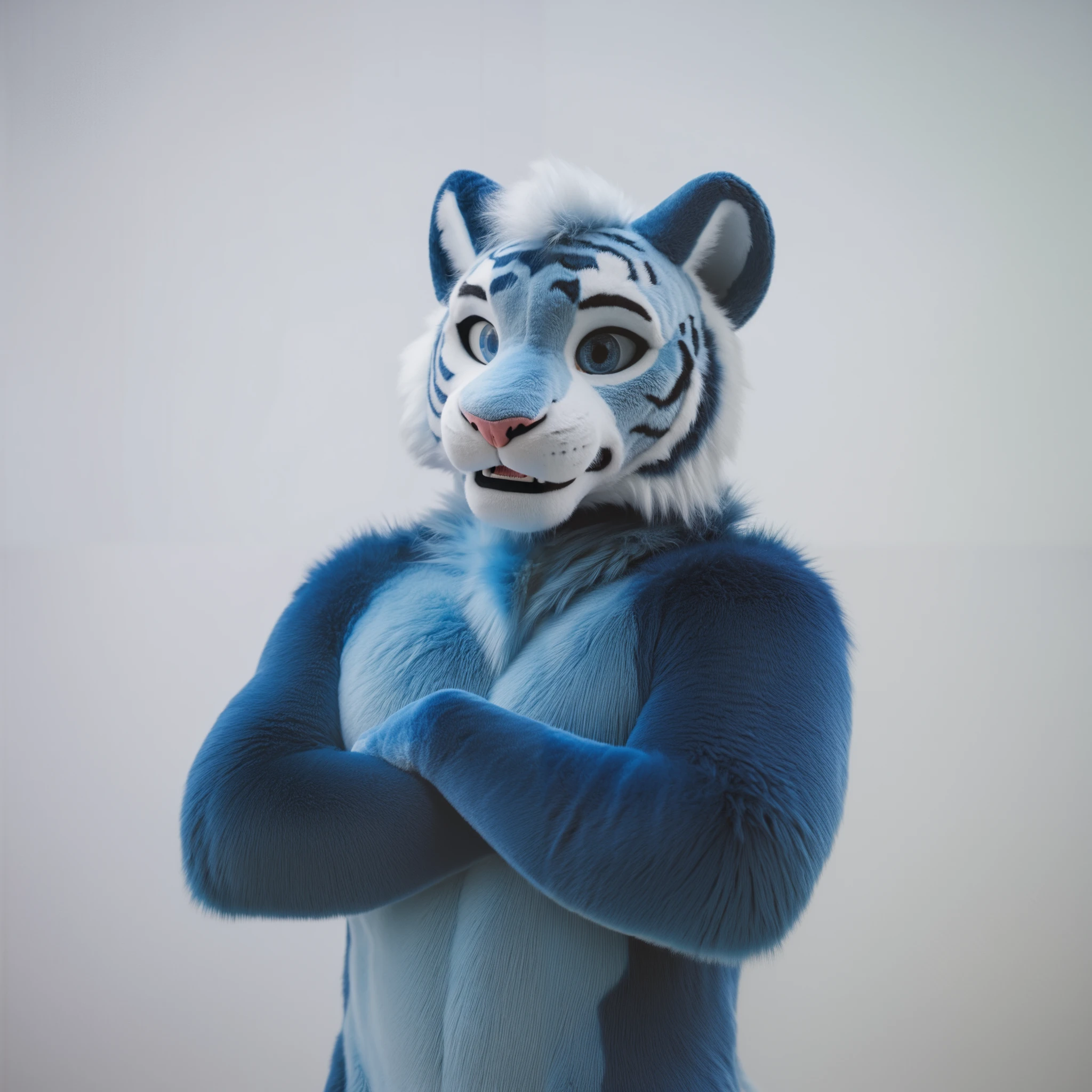 (2024, very aesthetic, newest, best quality, masterpiece,), mikus-sona, fursuit, furry focus, furry style, furry costume, anthropomorphic, anthro, fluffy sexy body, furry, fur body, navy blue and silver fur, calling navy blue eyes, navy blue and silver hair, white long fluffy tail, Tiger