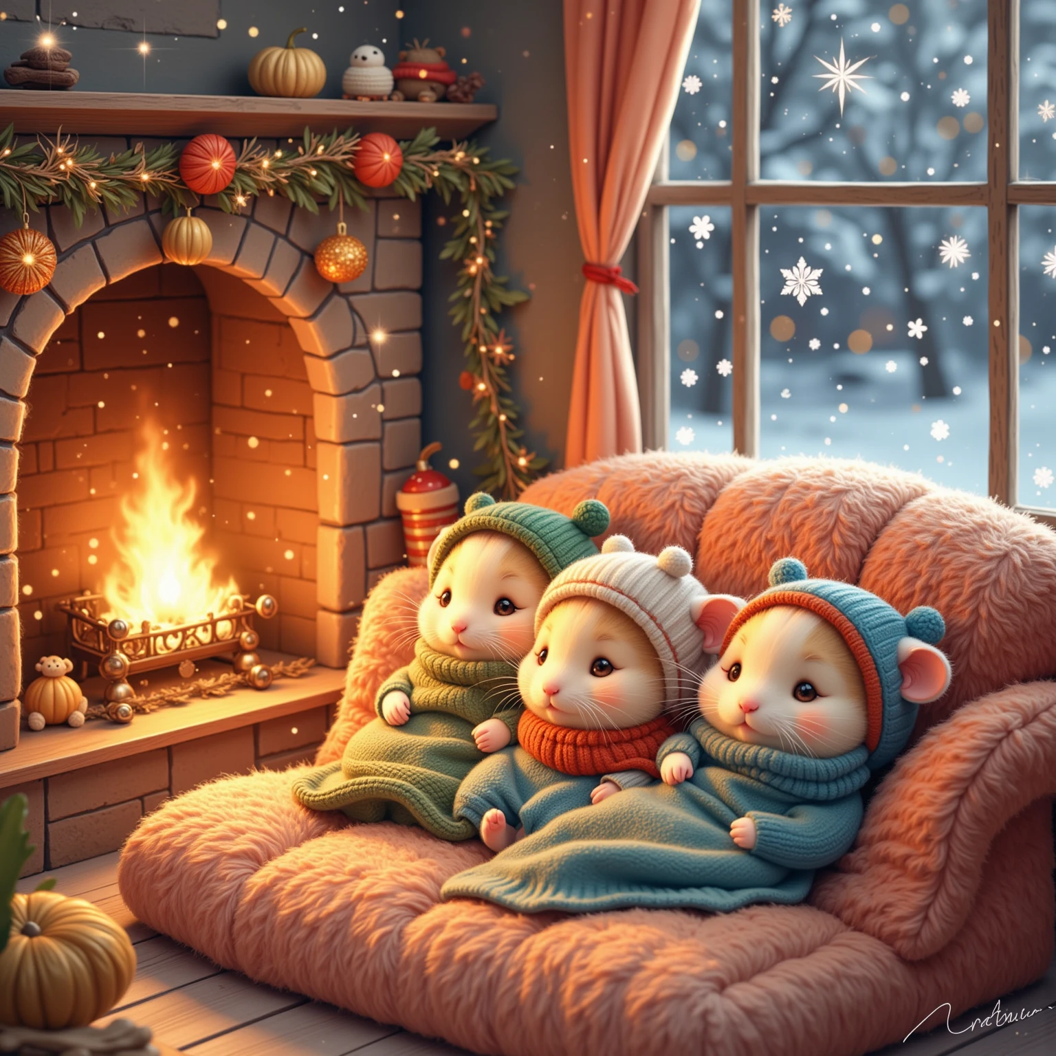 (Depicts a scene where little hamsters are relaxing in front of a fireplace, dressed in their distinctive winter clothes. The fireplace gives off a warm orange glow, warming the whole room. The hamsters are snuggled up together on a sofa dotted with soft cushions, wrapped in blankets. Outside the window, snow is falling gently, and small ice crystals are beautifully formed on the glass. The title text "Hamster animation" is written in a colorful and rich font.) The scene is drawn in detail, with the hamsters' adorable expressions and the texture of their fur expressed with high precision.