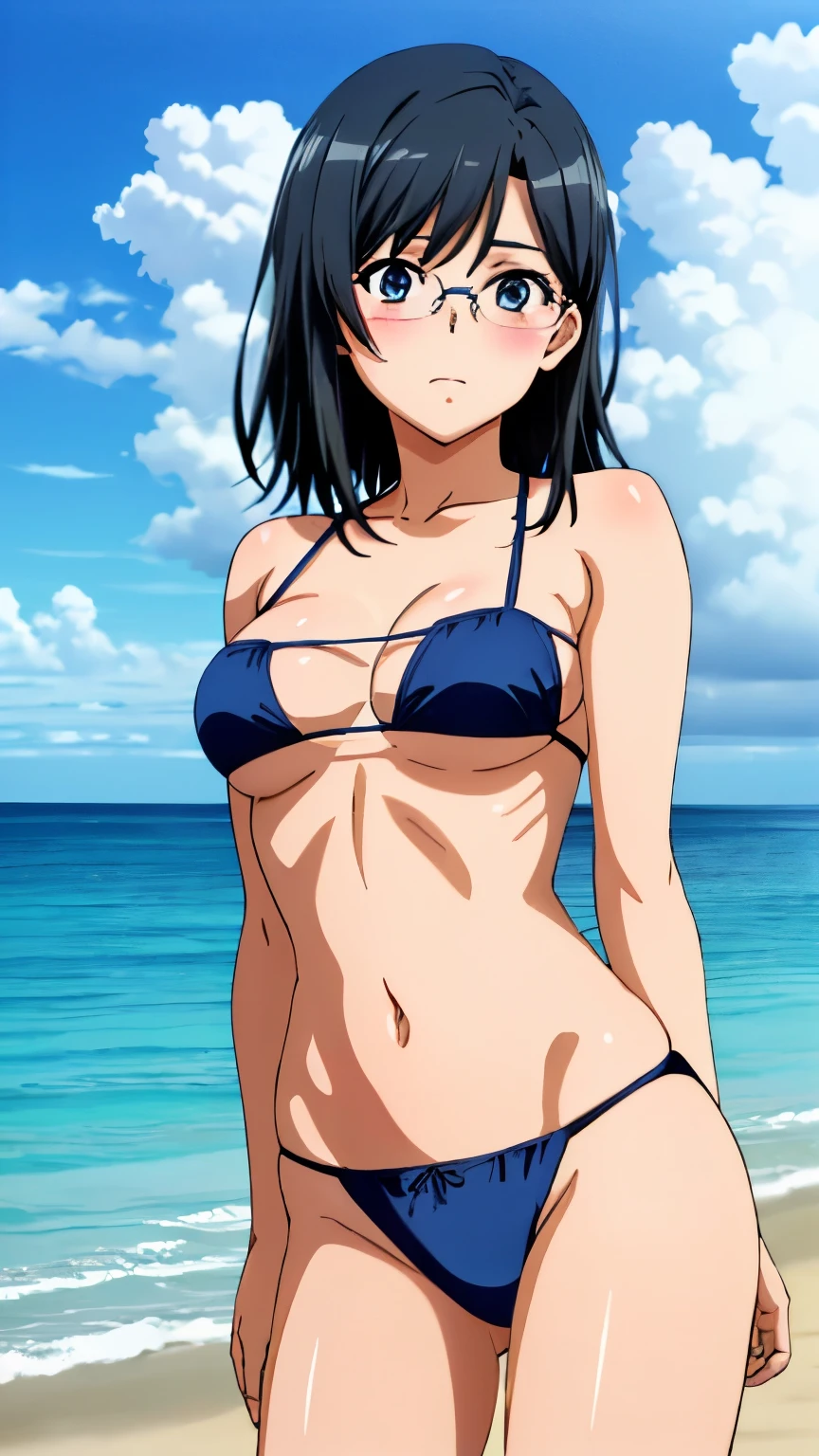 (WALLPAPER, masterpiece, 1k, anime style:1.9, ((inside photo frame), photo, detailed beach background, looking at viewer, big breasts, big boobs, open mouth, high color saturation, bold lines, bold drawing lines, (strong arms, flat belly, groin, hands behind back), detailed bold arm lines), strong arms, strong light on body, plain, bare body, (large breasts, perky boobs), minimum clothing, taking off shirt, bare shoulders, bare chest, polished nails, seductive, (very tight plain white micro bikini), no shirt, showing off), hinata\(boruto\), mature female, sunbathing, milf, (curvy:0.8), solo, (medium hair, hime cut), (dark blue hair color:1.1), white, flat belly, perfect eyes, white sciera, white eyes, anime eyes, smoky eyeliner, eyeshadow, perfect face, shy, sharp focus, professional artwork, intricate details, colorful, vibrant colors, vivid colors, digital blending, ultra detailed body, ultra detail hair, ultra detail face, trending on pixiv, smile, happy, very hot colors, sunny day, outdoor,
