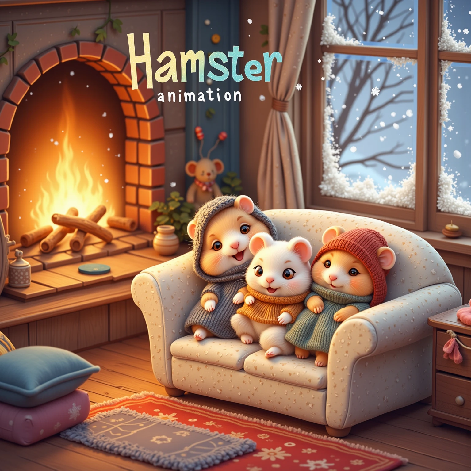 Craft a delightful outdoor winter scene featuring cute hamsters dressed in bright knitted hats and scarves, cheerfully building a snowman. These lively hamsters are portrayed in mid-action, with one rolling a large snowball while others gather sticks and stones for the snowman's features. The background reveals a picturesque forest blanketed in a pristine layer of snow, providing a serene and majestic backdrop to the lively scene. Snowflakes delicately drift down, enhancing the playfulness and beauty of the moment. The natural lighting casts a soft glow, highlighting the vibrant colors of the hamsters' winter attire against the white landscape. The snowman, adorned with a whimsical carrot nose and playful sticks for arms, stands proudly amidst the bustling activity. Above, incorporate the phrase "Hamster Anime" to appear as if made of snow, seamlessly blending with the evocative winter aesthetics of the scene, and add a playful charm to this adorable winter tableau.