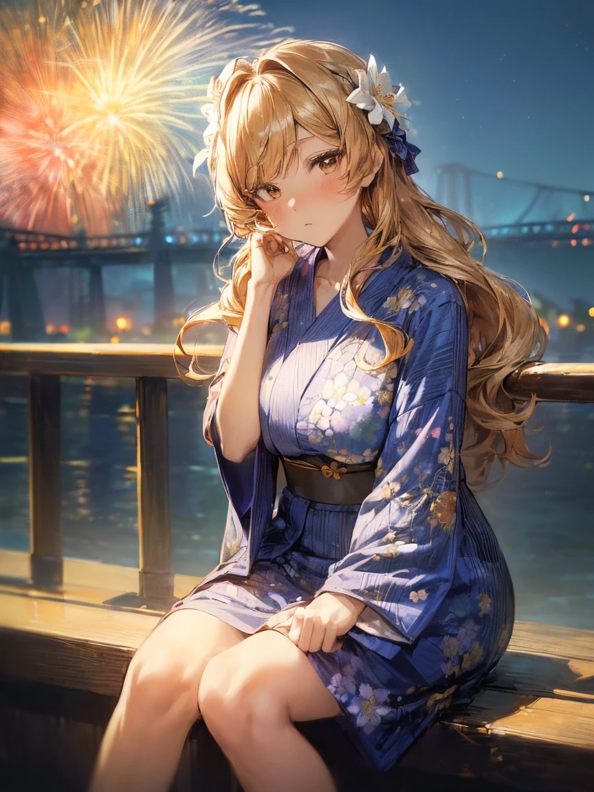 (masterpiece, highest quality:1.2)、(1 girl))、(elegant girl:1.3), (Wearing (navy blue yukata:1.2),  (There is a white floral pattern), Large breasts, Slender figure, Firm abs, 
((up do hairstyle, Dark gold hair, Wavy Hair, Long hair, asymmetricalbangs:1.2)), (Close-up shot shots:1.2), (A sideways glance at the audience:1.1), ((sit on stairs，Gently lift your chin in Odaiba:1.2)), ((Huge colorful fireworks bloom in the night sky:1.2)),