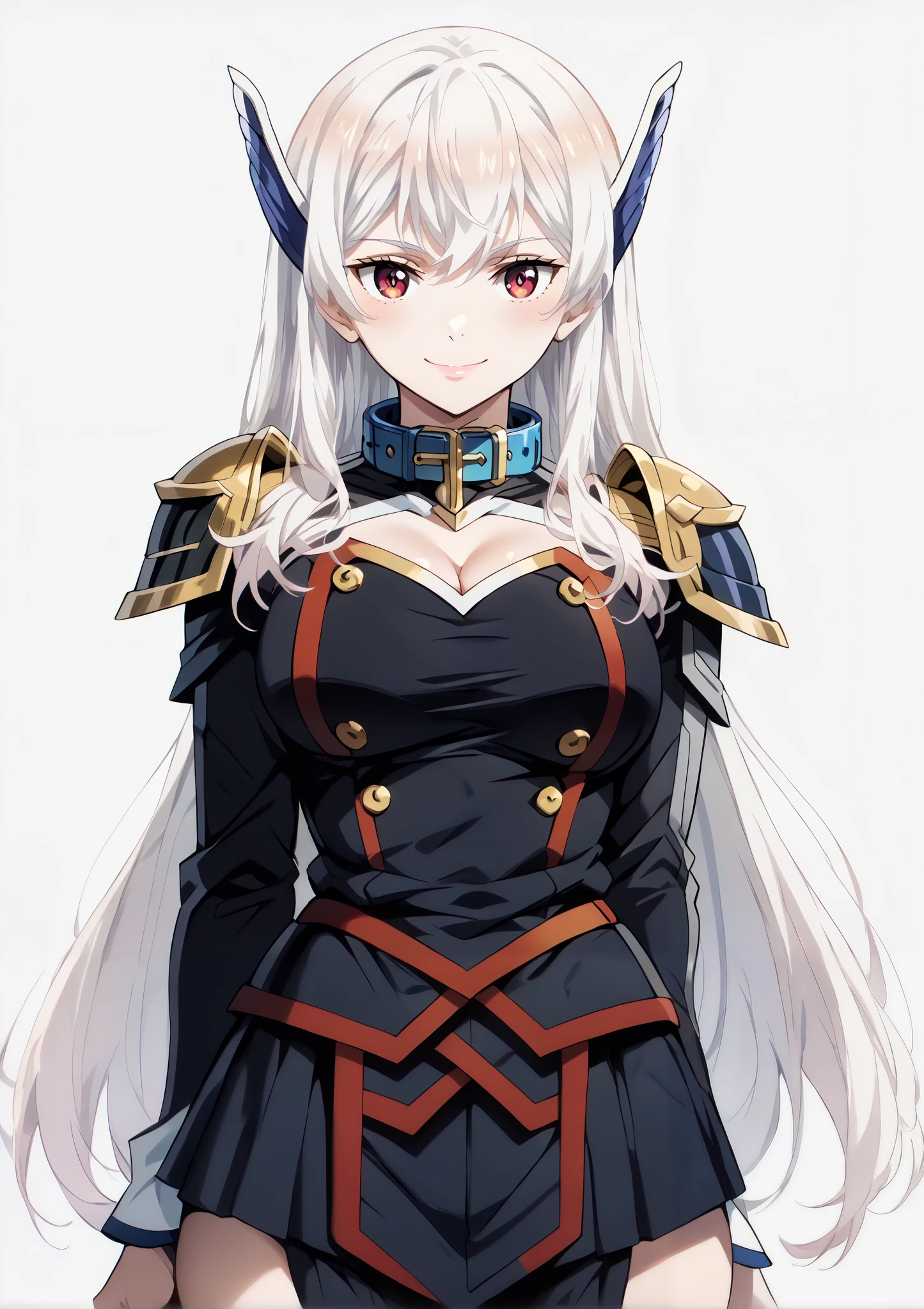 score_9, score_8_up, score_7_up, source_anime, 4K,perfect fingers,(perfect hands, perfect anatomy),prefect lighting, very aesthetic, intricate details,highly detailed background, masterpiece, high quality, best quality,
1girl,solo,kyoukauzen, kyouka uzen, long hair, red eyes, very long hair, white hair, large breasts,,
wearing ((blue collar,shoulder armor, cleavage, ))
looking at the spectator, cowboy shot, filed, Arms Behind Back, high thigh individual , (large breasts:0.9),Stand up,fullbody,((White plain background:1.5)) ,smile,((front look:1.5)),