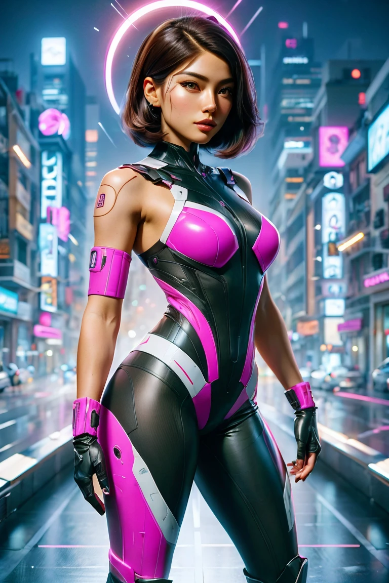 A hyper-stylized character with short, voluminous, chocolate-brown hair, slightly curled inward at the tips, framing a youthful, energetic face. The figure wears a black and pink skin-tight suit featuring high-tech accents and seamless designs, emphasizing agility and motion. White gloves and matching boots complement the streamlined aesthetic. A sleek, futuristic helmet with pink details and no external appendages adds a touch of modernity. The background contrasts with dynamic light bursts, accentuating the character's vibrant pose and confident demeanor