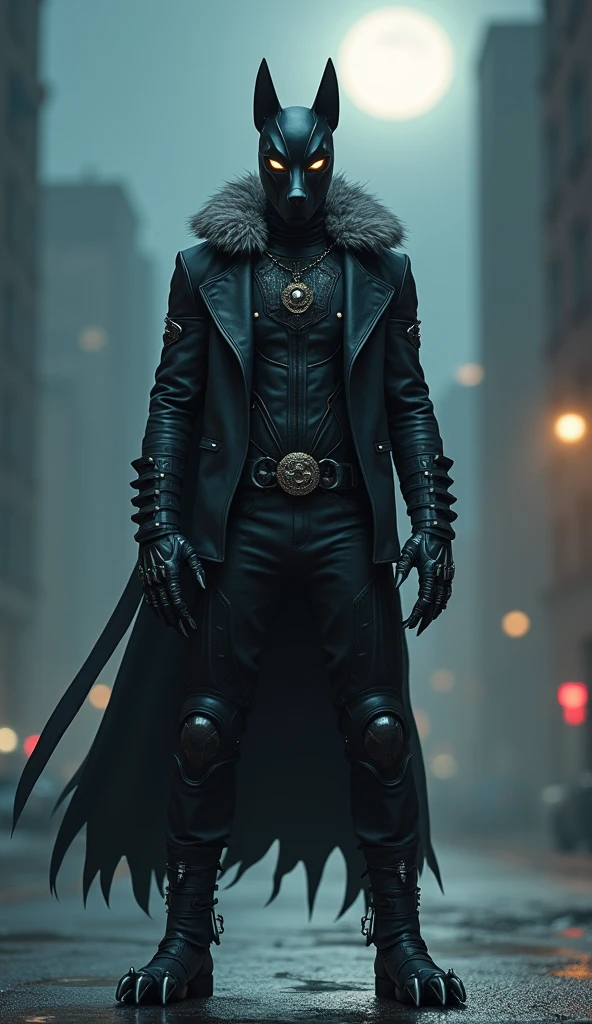 A hyper-realistic full-body depiction of Anjingman, a lean superhero with a sleek black metal dog-shaped mask exposing his human mouth and jawline. He wears a black leather jacket with a gray fur collar and a spiked choker. His black-and-gray costume features claw-like designs, with metallic gloves equipped with short, sharp claws. His boots resemble canine paws with detailed pads and claws, blending seamlessly into his agile and stealthy form. Set against a misty nighttime cityscape with a glowing full moon, he exudes a fierce and mysterious presence