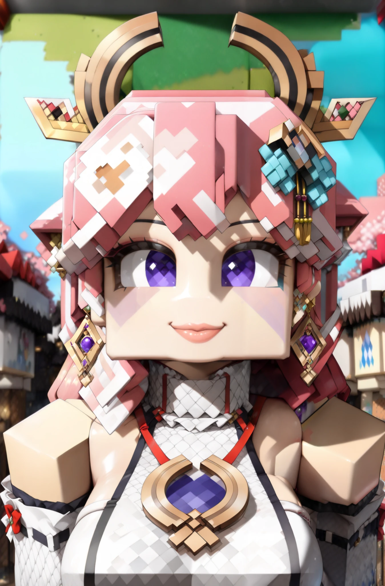 ((((robloxstyle)))), ((((womanbody)))), ((((roblox avatar)))), 1girl, (ulzzang-6500:0.7), kpop idol, yae miko, detached sleeves, bare shoulders, pink hair, long hair, japanese clothes, best quality, (painting:1.5), (hair ornament:1.35), jewelry, purple eyes, earrings, breasts, torii, cherry blossoms, lantern light, depth of field, detailed face, face focus, ribbon_trim, (looking at viewer:1.25), nontraditional miko, shiny skin, long sleeves, smile, thick lips, game cg, hands on lips, east asian architecture, (blurry background:1.2)