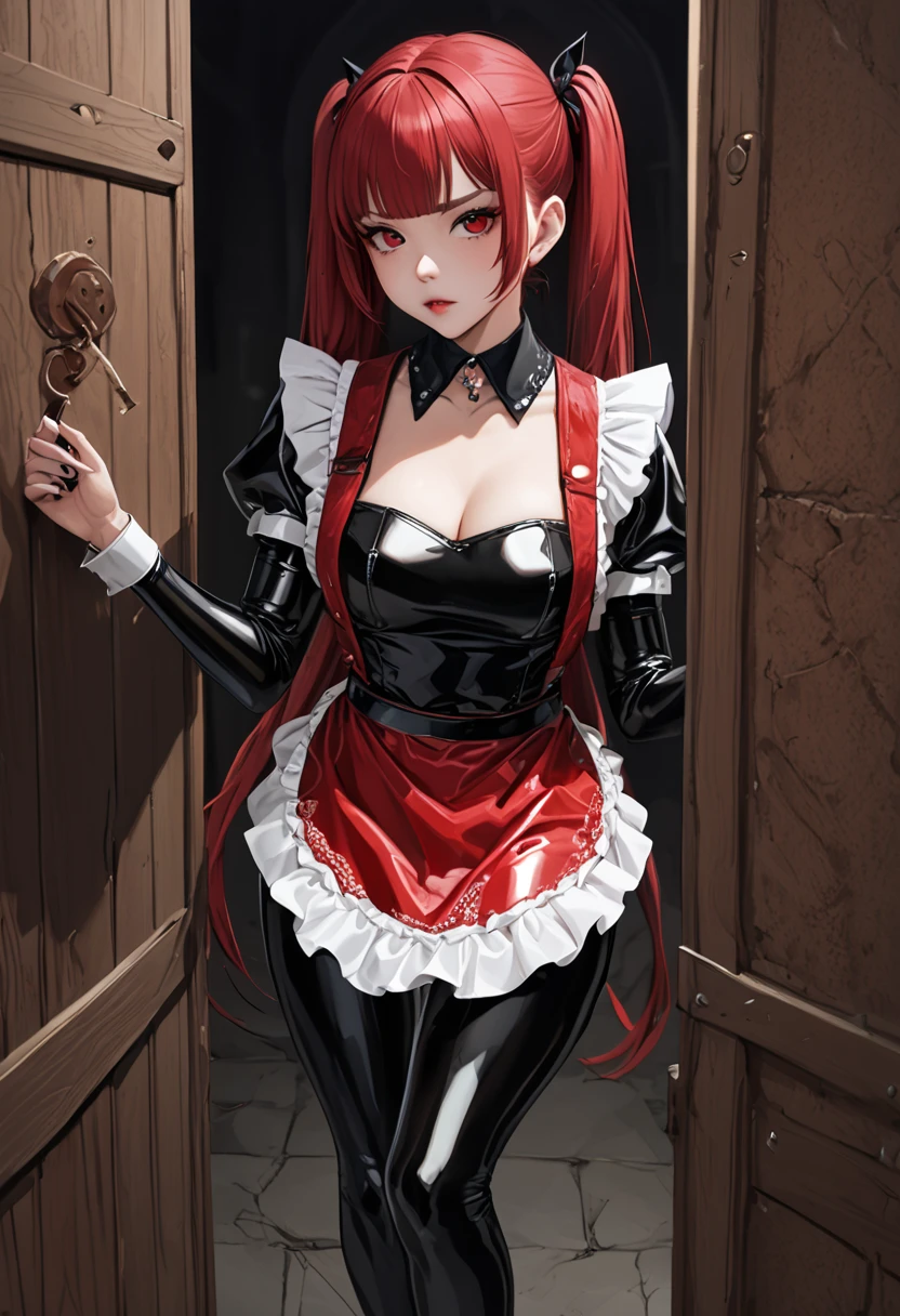  highest image quality, masterpiece fails,  Portrait painting , Japanese,25+,Model, girl of incredible beauty,evil,(( full height)), (( hairstyle two ponytails ,  red hair)), straight brow bangs ,((( red lace latex Apron))) ,( latex maid outfit ),covers the whole body,fits snugly , long-sleeved latex shirt , latex long skirt ,latex garter socks , long high-heeled boots fit the legs tightly,(Gothic makeup ),dungeon,((in hand, knutt ))