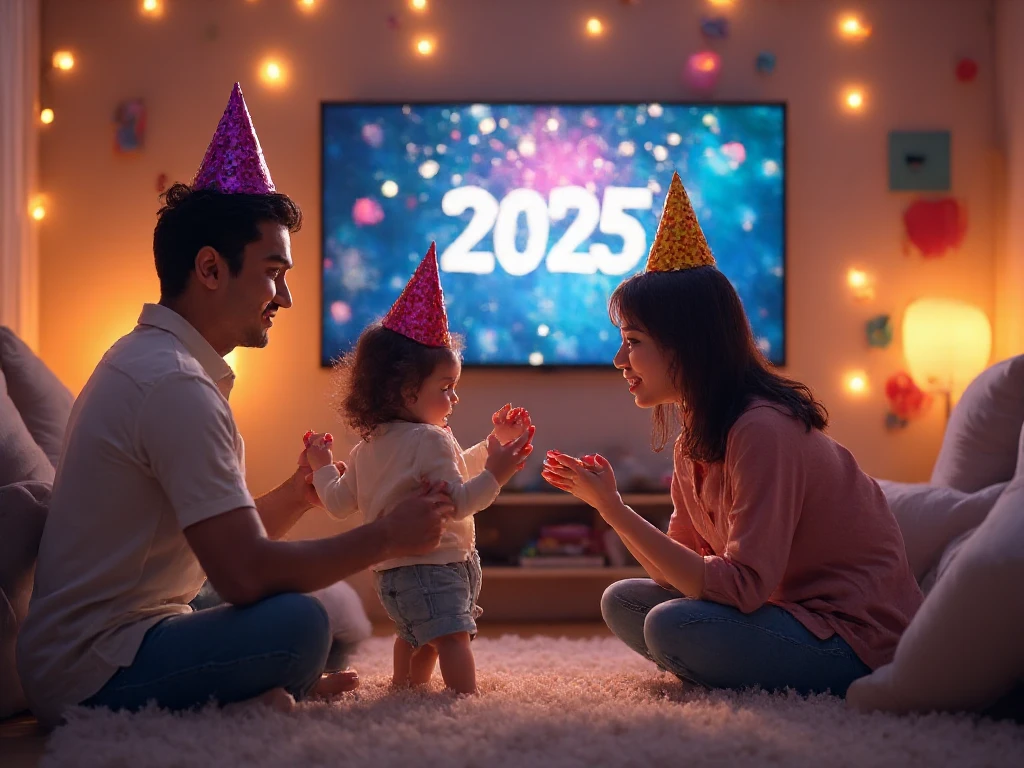 A joyful young family celebrating New Year's Eve in their cozy living room. The father, mother, , and toddler are wearing colorful party hats, laughing, and dancing together. The room is filled with festive decorations, including balloons, streamers, and party trumpets. A large wall-mounted TV displays vibrant fireworks and a running text that reads "Happy New Year 2025," adding to the festive atmosphere. The scene radiates warmth, happiness, and togetherness.