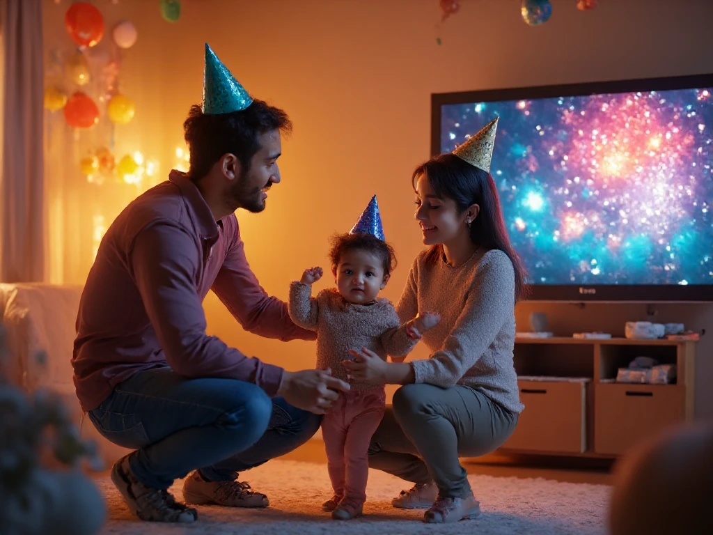 A joyful young family celebrating New Year's Eve in their cozy living room. The father, mother, , and ddler are wearing colorful party hats, laughing, and dancing together. The room is filled with festive decorations, including balloons, streamers, and party trumpets. A large wall-mounted TV displays vibrant fireworks and a running text that reads "Happy New Year 2025," adding to the festive atmosphere. The scene radiates warmth, happiness, and togetherness.