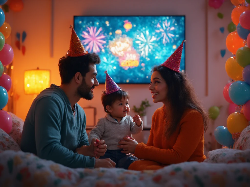 A joyful young family celebrating New Year's Eve in their cozy living room. The father, mother, , and toddler are wearing colorful party hats, laughing, and dancing together. The room is filled with festive decorations, including balloons, streamers, and party trumpets. A large wall-mounted TV displays vibrant fireworks and a running text that reads "Happy New Year 2025," adding to the festive atmosphere. The scene radiates warmth, happiness, and togetherness.