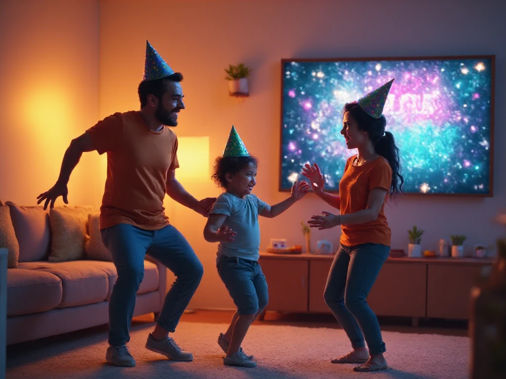 A joyful young family celebrating New Year's Eve in their cozy living room. The father, mother, , and ddler are wearing colorful party hats, laughing, and dancing together. The room is filled with festive decorations, including balloons, streamers, and party trumpets. A large wall-mounted TV displays vibrant fireworks and a running text that reads "Happy New Year 2025," adding to the festive atmosphere. The scene radiates warmth, happiness, and togetherness.