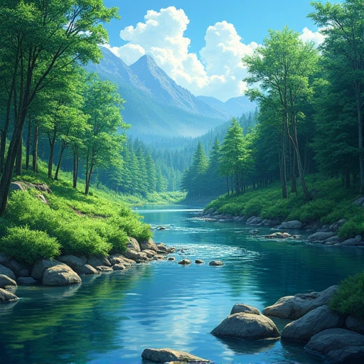  painting of a stream that crosses a lush green forest full of trees, Detailed 4K Painting, mountains river trees, landscape wallpaper from the anime , beautiful art uhd 4k, Anime Countryside Landscape,   detailed scenery —width 672  , Beautiful digital painting, 4K arte digital altamente detallado, beautiful anime scenery,  8k high quality detailed art , anime nature wallpap, anime nature