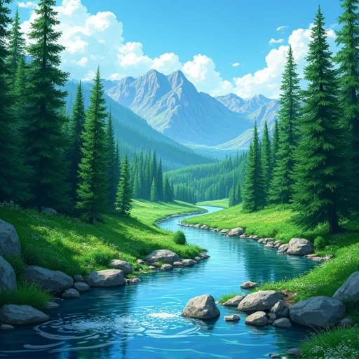  painting of a stream that crosses a lush green forest full of trees, Detailed 4K Painting, mountains river trees, landscape wallpaper from the anime , beautiful art uhd 4k, Anime Countryside Landscape,   detailed scenery —width 672  , Beautiful digital painting, 4K arte digital altamente detallado, beautiful anime scenery,  8k high quality detailed art , anime nature wallpap, anime nature