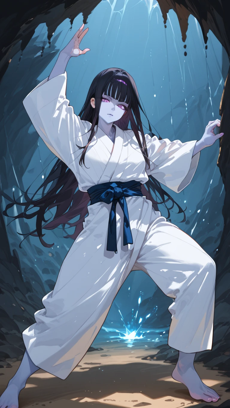 score_9, score_8_ up, score_7_ up, score_6_ up, 1 Female, ((Blue Skin)),  straight hair ,  black hair,  long hair,  purple eyes, slit p upils, Martial arts ,  spider feet ,  drib and drab,  arataur , cave, Alone