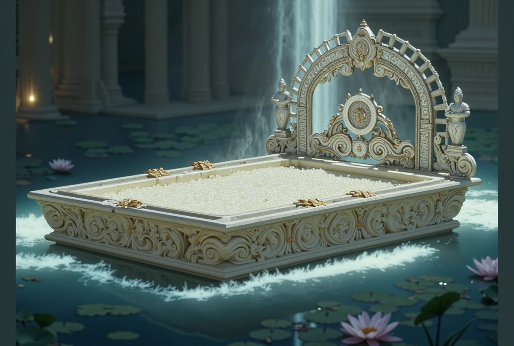 A digital painting depicts an ornate, rectangular stone platform floating in a serene body of water adorned with lotus flowers. The platform is raised above the water's surface, showcasing intricate carvings of floral motifs, scrollwork, and mythological figures along its base. Small golden handles are strategically placed at each corner, enhancing its regal appearance. The interior of the platform is filled with small white pearls or beads, creating a textured surface that contrasts beautifully with the beige exterior. Atop the platform stands an elaborate ancient south indian archway made from ivory-colored stone with gold designs, featuring symmetrical floral designs, spirals, and geometric shapes. The central part of the archway showcases a prominent circular yali motif surrounded by smaller decorative elements, including two south Indian dwarpal statues flanking it. These arch-like structures are composed of what appears to be gold or highly polished silver, giving them a shimmering appearance. The entire scene is bathed in soft, ethereal lighting, with gentle beams of light streaming down from above, illuminating the platform and casting a mystical glow over the surrounding environment. The background reveals faint outlines of architectural elements, such as pillars or columns, and lush green foliage, contributing to the overall sense of mystery and enchantment. Water reflections enhance the serene atmosphere, while subtle light sources create a dreamy effect around the edges of the platform. The color palette includes ivory, gold, forest green, sky blue, and soft pink hues, emphasizing the majestic and tranquil mood of this fantasy setting.