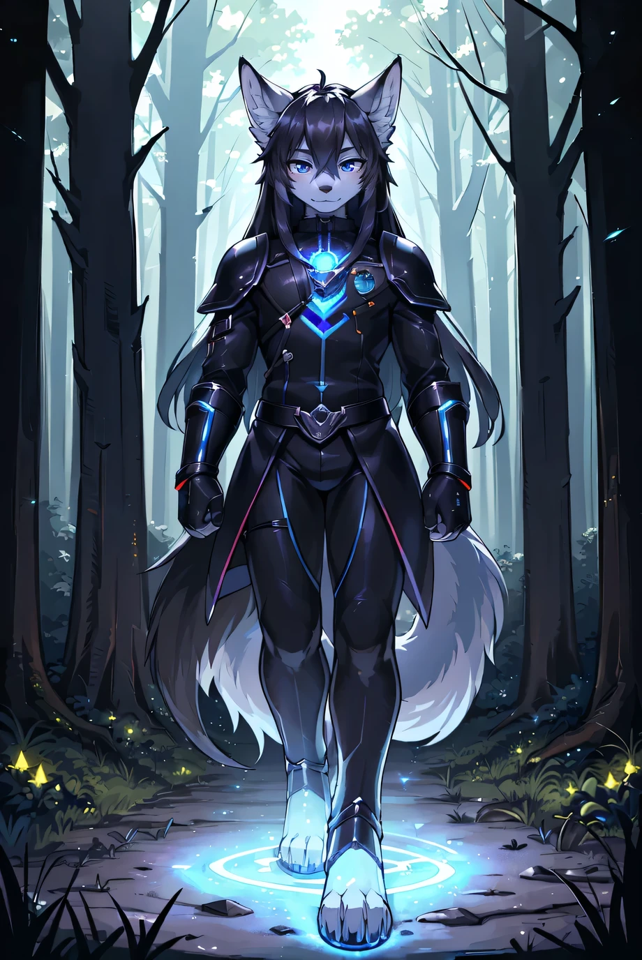 (masterpiece, Top quality, best quality, Official Art, beautiful and aesthetic:1.2), (solder boy), Extremely detailed eyes, (  Luminous trails:1.2), Vibrant colors, (PhoeniMale wolf height 180 cm，Blue-purple eyes, , Black long hair, end,，Red and bla，In the woods,of，Silver，male