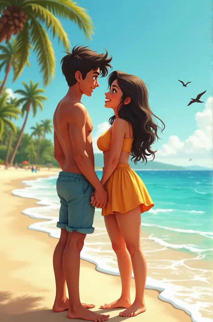 Draw a picture of a couple. They are both on the beach and are looking at each other., She is wearing a white bikini and he is wearing presto shorts, he has his hands on her waist and she is resting her hands on his shoulder. Being the 1st,80 tall with green eyes and having dark curly hair, your hair is short. And having 1,58 tall and brunette with brown eyes and her hair is long. Make a drawing in the format of Disney PIXAR animated drawings, em 2d