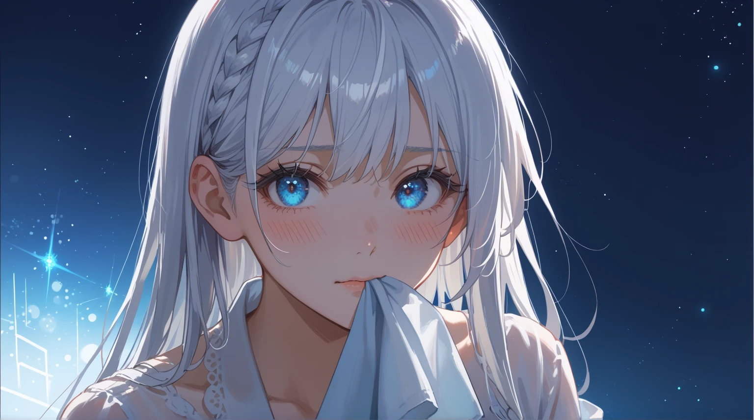 female gojo, sparkling blue eyes, cloth on mouth, big eyes, cute girl, fit girl, attractive pure white hair, long white hair, attractive sparkling blue eyes, score_9, score_8_up, score_7_up, source_anime, masterpiece,best quality, looking at viewer, in the middle of the night, blush, embarrassed, motion lines, glowing blue eyes, 