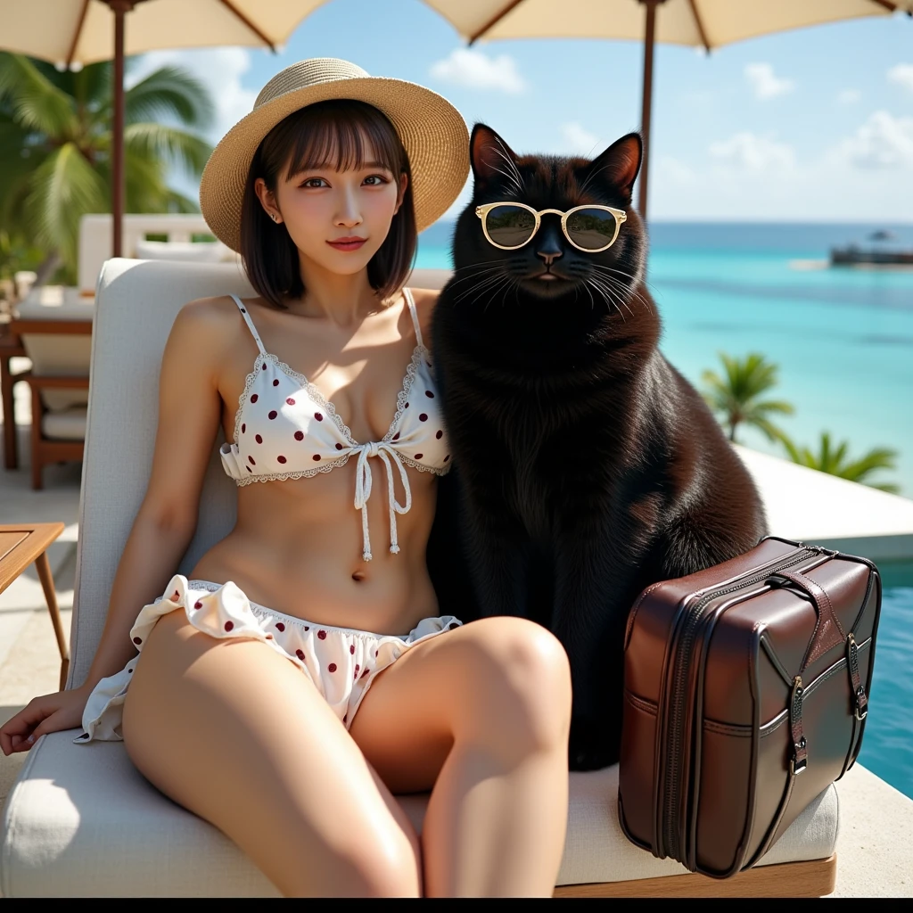 ultra-realistic, photorealistic, dramatic scene, shadow, global-illumination, solo, 1 girl\( 20 years old Japanese beautiful girl, beautiful with cute face, wearing a cute patterned one-piece dress with long skirt, pastel camisole, shoulder-length brown hair, accessories, simple sneaker, elegant hat\), 1 human-like giant black cat\( human-like giant black cat, bow tie, wearing a conservative aloha-shirt, slight taller than the girl, with her, wearing an dark colored aloha-shirt, holding a large suits case, little chubby\), the girl and human-like giant black cat are standing at reception of the luxury resort hotel in Maldives, gorgeous stylish furnishings, famous 5-star hotel,