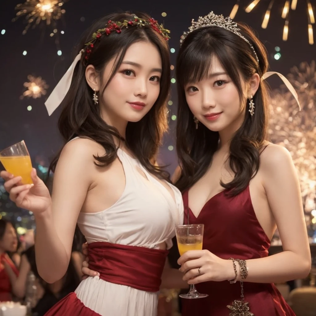 (masterpiece, realistic, photo-realistic:1.2), finely detail, ultra high res, perfect anatomy, best quality, 8K, soft focus, (happy smile:1.2), (3girls, harem, 16yo Japanese short girls, nsfw, full nude:1.2), portrait, upper body shot, focus on breasts, (black straight hair, short hair, blunt bangs:1.2), beautiful detailed face and big eyes, (glowing fair skin, shiny oiled body:1.2), (pointed huge breasts, gigantic breasts:1.2), (bloom, awesome detailed fireworks, night view:1.2), pose emphasized breasts, yukata,