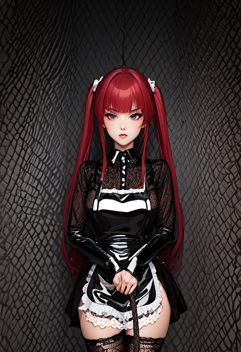  highest image quality, masterpiece fails,  Portrait painting , Japanese,25+,Model, girl of incredible beauty,evil,(( full height)), (( hairstyle two ponytails ,  red hair)), straight brow bangs ,(((clear lace latex apron))) ,( latex maid outfit ),covers the whole body,fits snugly , long-sleeved latex shirt , latex long skirt ,latex garter socks , long high-heeled boots fit the legs tightly,(Gothic makeup ),dungeon,((whip ,whip,rope))