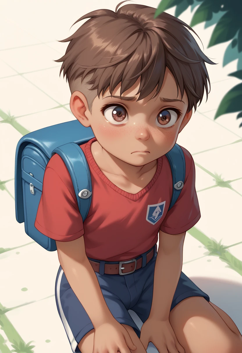 Shotacon, A boy is 4-yr, little, youthful, young, short, thin, cute, Brown hair, brown eyes, Haircut where the hair is cut uniformly to create a smooth, circular shape that gently drapes over the head, tan skin, red sweater completely red color, Shorts pants with belt. The backpack is on the floor. Anxious expression, weak. Kneel on the ground, look up. Outdoor, School backyard background.