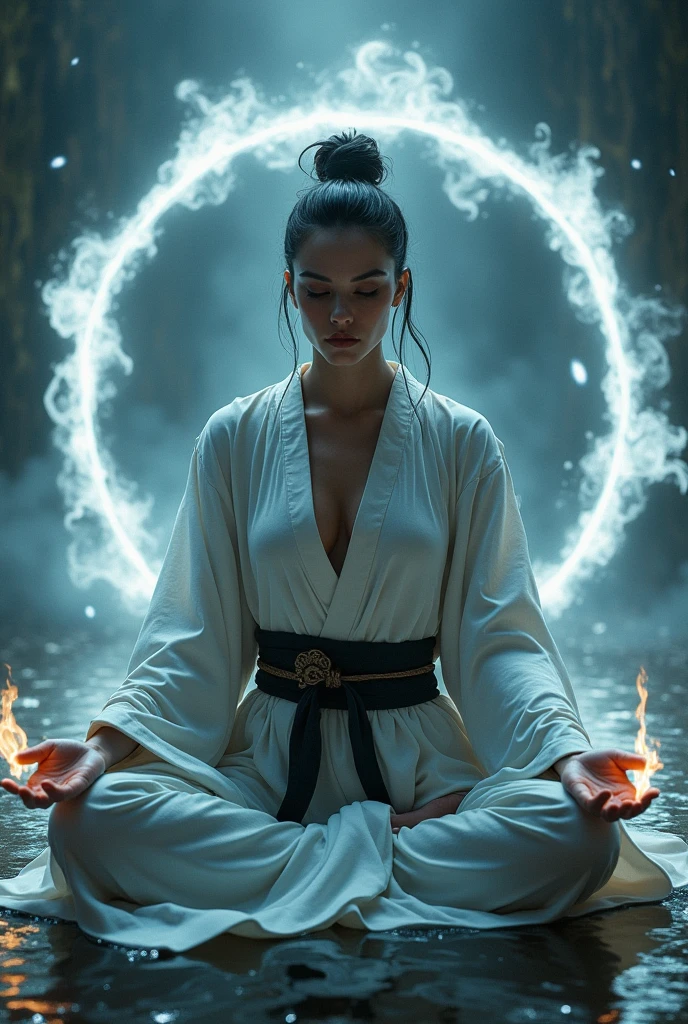 ((front view, facing viewer)), A swords woman (Beautiful face, supermodel) japanese style robes shirtless with explore breast shadow art meditating in mid air flying with three burning katanas in white colour flames (side shot )(three katanas flying in shape of circle)(meditating in air)(surreal digital art)
(Dark ocean)(Digital art)Surreal art, The image includes a game-like interface with menus and magics,Fantasy detailers