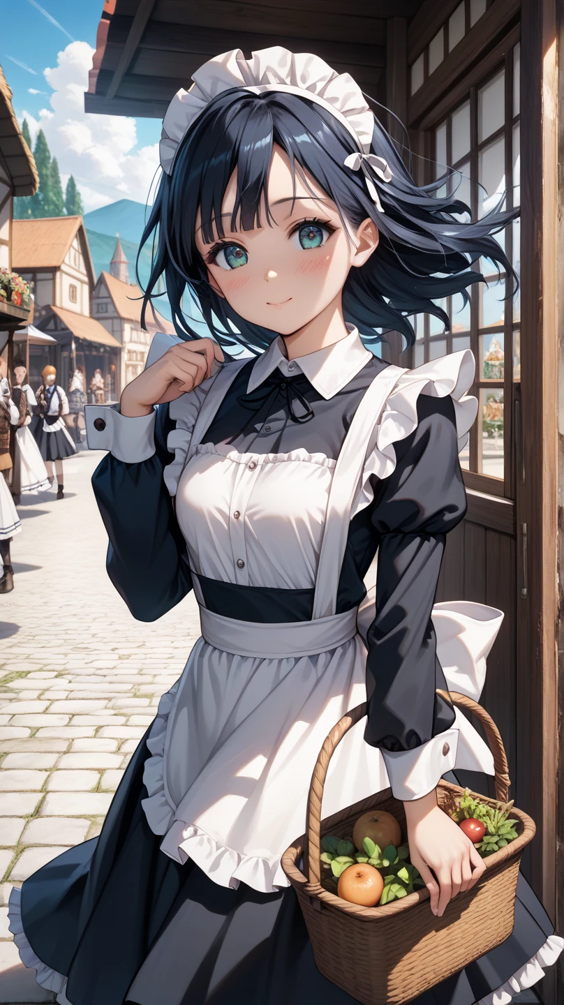   nsfw,masterpiece, best quality, highly dramatic picture, beautiful eyes, cinematic lens effect,  ultra cute, horny , pervert,  1girl ,13yo, ecchi, anime, cutesy, (sexy photoshoot),Medieval market,maid,hugging basket,(wind lift:1.3),white pantie,blush