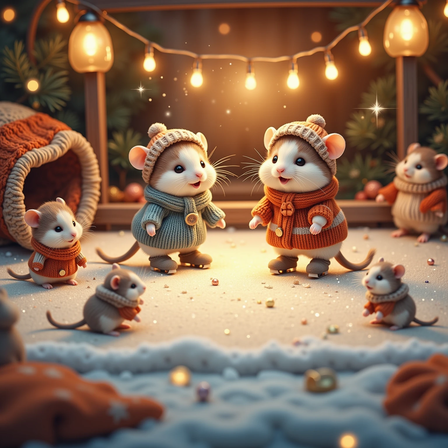 (A scene of tiny hamsters happily skating on a miniature skating rink, dressed in cute winter clothes. The rink is indoors, and warm, glowing incandescent lights gently illuminate the ice, which resembles the surface of water. The hamsters are playing happily, drawing faint patterns of light on their tiny feet with each skate. Small wooden enclosures and warm blankets for spectators are placed around the rink, on which other hamsters watch. The title text "Hamster animation" sparkles like sparkling ice crystals. The hamsters' lively appearance and the warm, relaxing scenery that surrounds them are depicted in detail.)