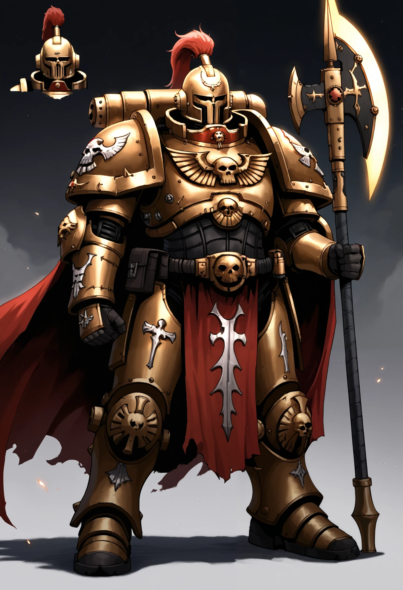Anime, Concept art, Absurd resolution, high resolution, (masterpiece: 1.4), hyper-detail, warhammer 40k armor, gold armor, heavy armor, plated armor, full body, glowing weapon, cloak, edgy, grimdark, octosoup, 1man, bulky, buff, red plume, loin cloth, gold helmet, reference sheet, iron halo, adepus custode, full shot, Holding_Halberd_V1