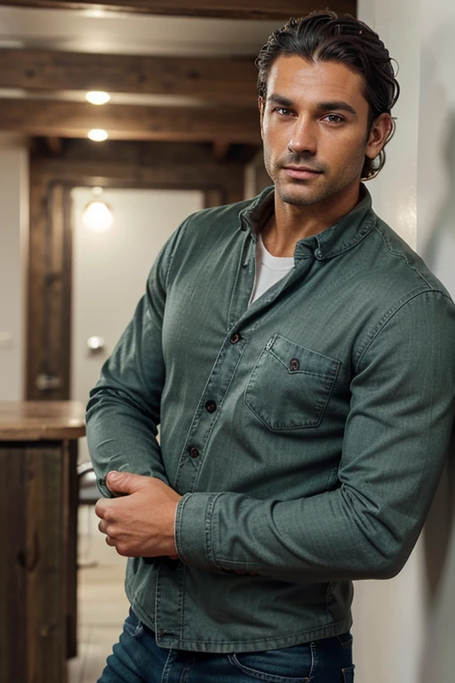Handsome Man 38 years old, lean muscular body, tan skin olive, his eyes are blue, 1.90m, his hair is dark brown with natural waves that flow down his shoulders, a little stubble unshaved, wearing a blue shirt, black pants, soft smile