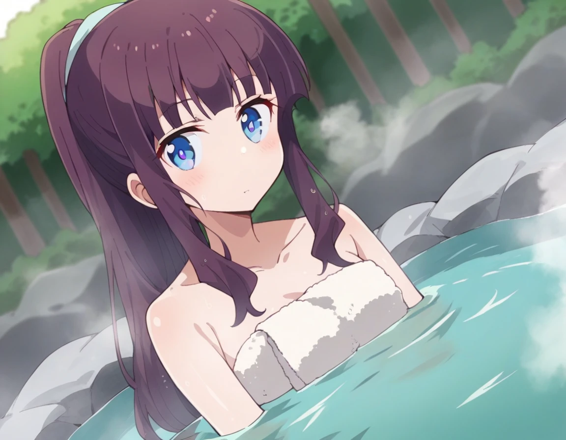 A very beautiful girl happily bathing near a clear and cool waterfall Pink skin Blue eyes Dark hair Detailed face Detailed body Realistic model Highly detailed natural scenery 8k Cgi resolution