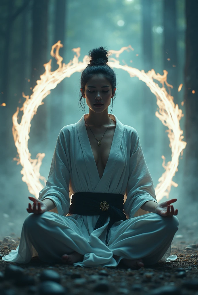 ((front view, facing viewer)), A swords woman (Beautiful face, supermodel) japanese style robes shirtless with explore breast shadow art meditating in mid air flying with three burning katanas in white colour flames (side shot )(three katanas flying in shape of circle)(meditating in air)(surreal digital art)
(Dark ocean)(Digital art)Surreal art, The image includes a game-like interface with menus and magics,Fantasy detailers