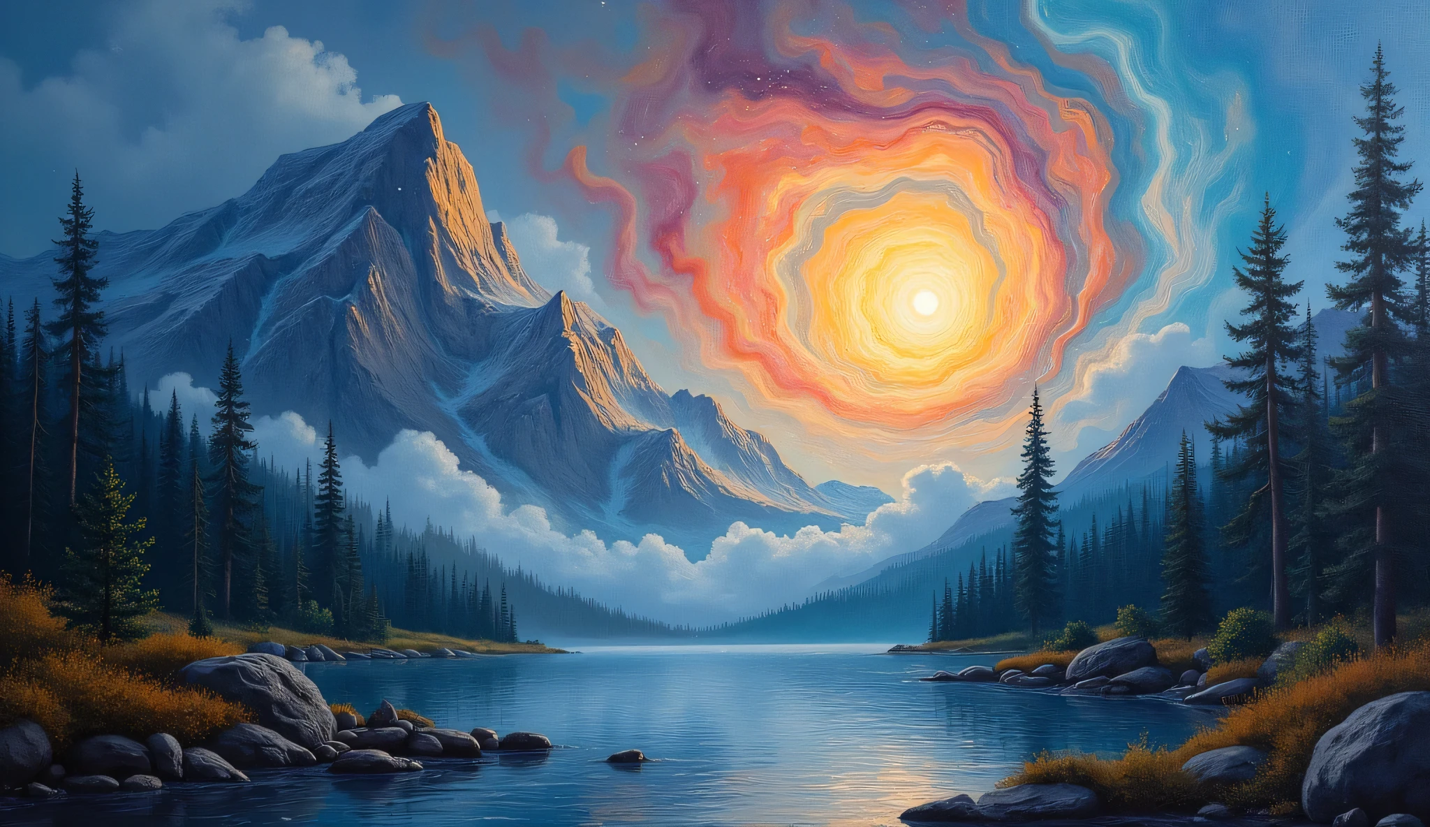  magic of swirling nature {x} oil painting epic surreal oil painting 8k {x} painting of a mountain landscape with a spiral pattern in the sky, Swirling scene,  magic of swirling nature , Swirling scene in forest,  swirls of magic ,  breathtaking masterpiece of art , nuages tourbillonnants, peinture visionnaire, yosemite, dan mumford and albert bierstadt,  swirling water cosmos ,  magic of swirling nature ,  majestic painting  ,  painting of a dream landscape 