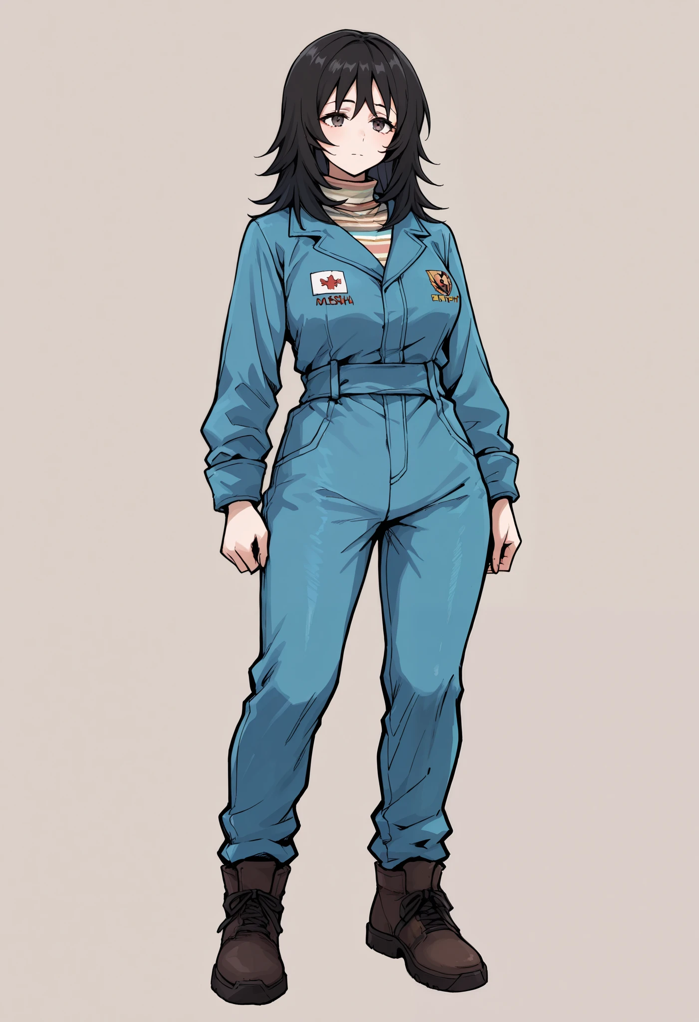 Anime, concept art, Absurd resolution, high resolution, (masterpiece: 1.4), hyper-detail, octosoup, 1woman, mthwshanya, medium hair, black hair, black eyesblue, blue jumpsuit, long sleeves, striped shirt, full body: 1.5,