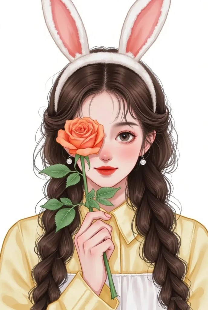 A cute girl wearing rabbit ears, Holding a rose in one hand to cover one eye