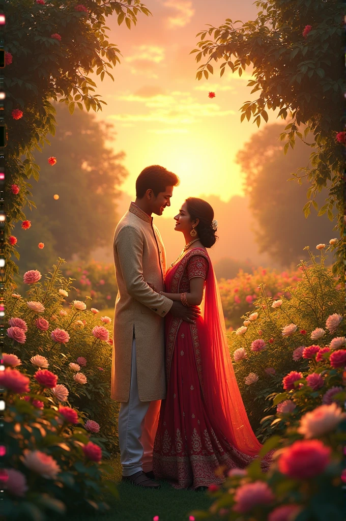 A 21-year-old Indian girl is wearing a red color suit salwar and she is in the garden and her boyfriend in the garden is behind her to give her a huge flower of which is taken. HD realistic art image