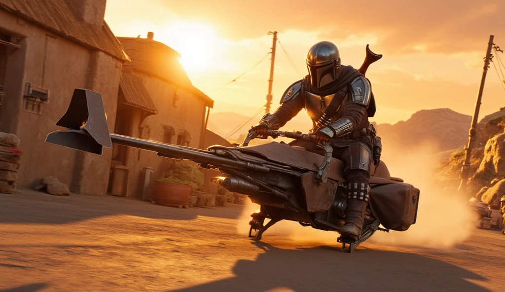 A picture of a Mandalorian riding a 74-Z speed bike in a small village, sunset, Dramatic camera angles ,  motion blur, Star Wars,Lucasfilm,