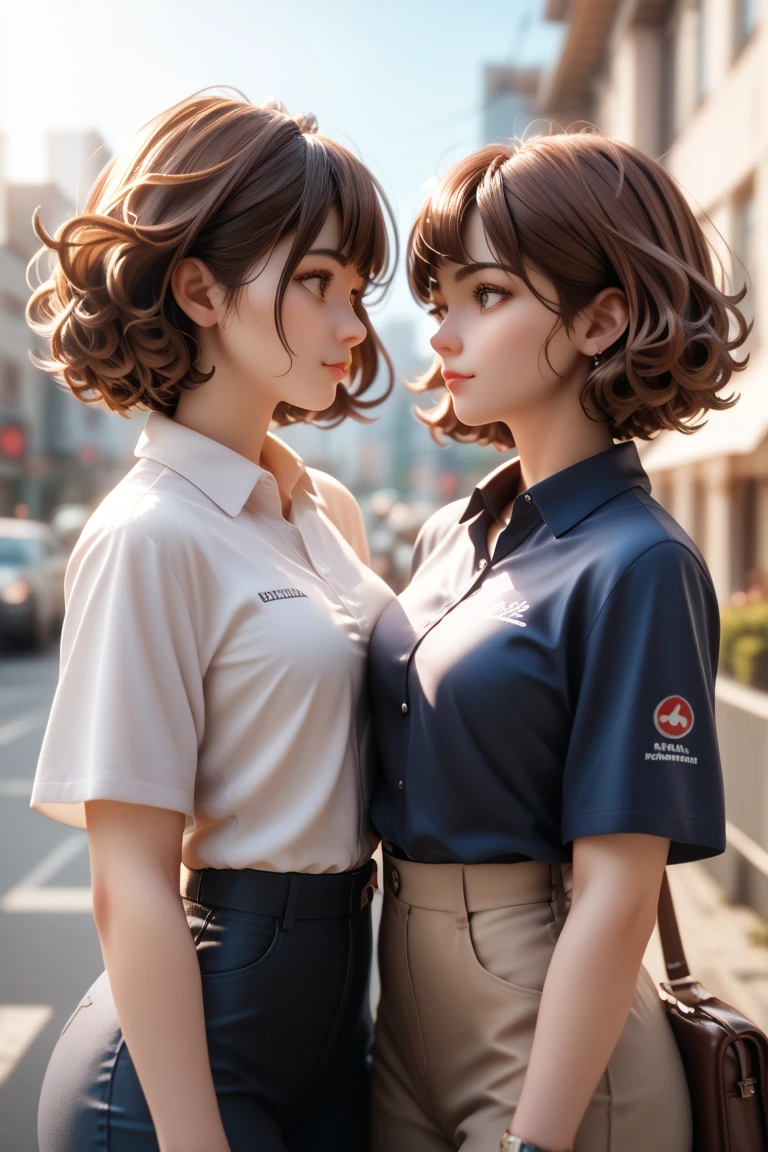 2 girls standing side by side ,  in extremely tight shiny polo shirt, in the city, Flipped Hair,  brown hair , Lens reflection,  reflecting light , high resolution,  masterpiece, look at the sky  