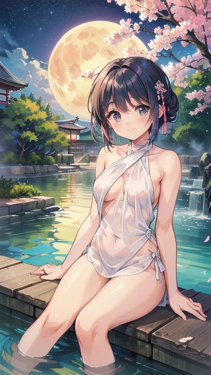 ((masterpiece,  top quality ,  top quality ,   Official Art,   beautiful 、Midea:1.2)),((masterpiece)),((  brightly colored )),((Ayako Katagiri)),(( Happy smile)),((  Open-air Bath)),((  seems to be having fun)),( full moon),(Cherry Blossoms at Night),(Completely naked),(Kyoto)