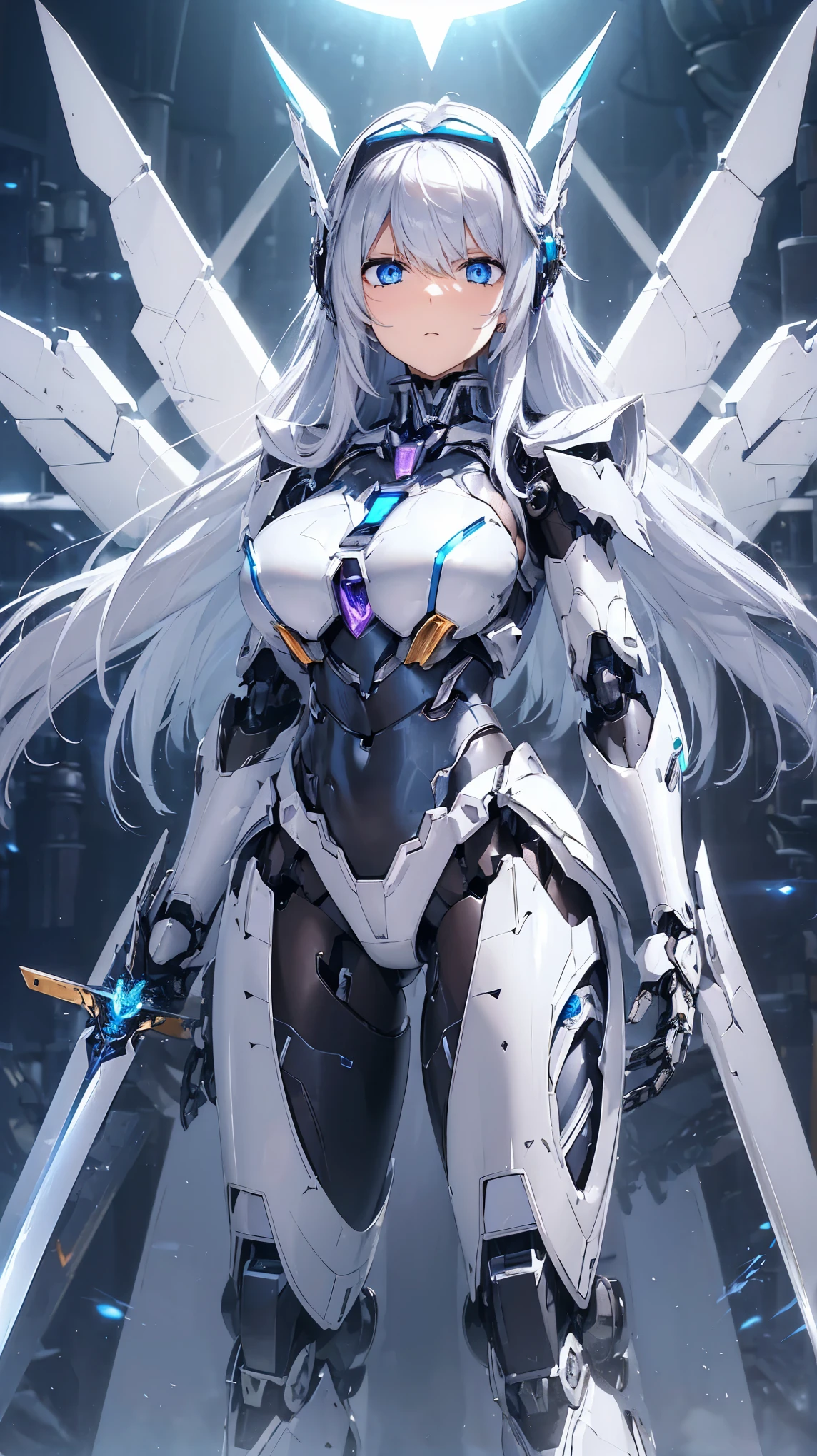 ((8K)), ((32k)), ((highest quality)), ((masterpiece)), ((超A high resolution)), ((T Masterpiece)), ((halo:1.3))、fine skin texture, fine cloth texture, fine metal texture、((beautiful and detailed face))、Raw photo、Professional, Ultra-fine painting, ((solo)), beautiful breasts、highest quality, Super detailed, Super detailed詳細, small details, very beautiful, Princess Knight Robot,  (Joint of the machine, mechanical limbs:1.3), (The internal structure of the machine is exposed:1.3), (red long hair 1.1), (Beautiful and huge mechanical breasts)、white veil, cowboy_shot, side focus, headgear, shiny, ((silver mechanical blindfold:1.8))、 (five fingers, 4 fingers and 1 thumb),concept art, anime fantasy artwork, detailed fantasy art, (with pale blue-violet hair and large white wings,,), (((long hair))), (Mecha:1.6)Sleek and menacing design, ((Armament of the Supreme Commander-in-Chief)), (perfect robot body)、Pure white and blue-purple armor, symmetrical wings, 8K high quality detailed art, 3D rendering of character art in 8K, clear legs, defined, defined fingers, NSFW、((head shot:1.3))