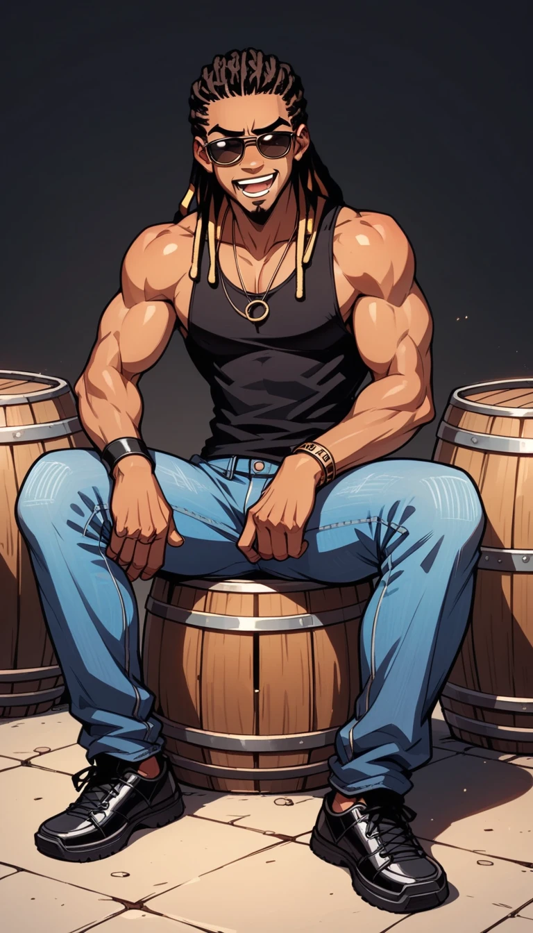 1 black man,  long hair dreadlock s, black tank top,  goatee, thin and muscular, sunglasses,  black bracelets , jeans,  men's black shoes , dynamic pose style, sitting on a barrel ,open smile,Frowned frown ,  Cartoon style , contrast