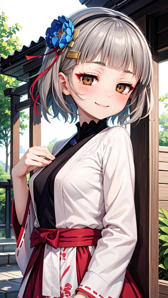 (((solo))), 1 woman, Sakuya Kurobane, sakuyaunif, kurobane_sakuya, (brown eyes), short hair, grey hair, black hairband, blue hair flower, red eyeliner, blush, smile, beautiful chest, middle chest, upper body, japanese shrine, japanese miko