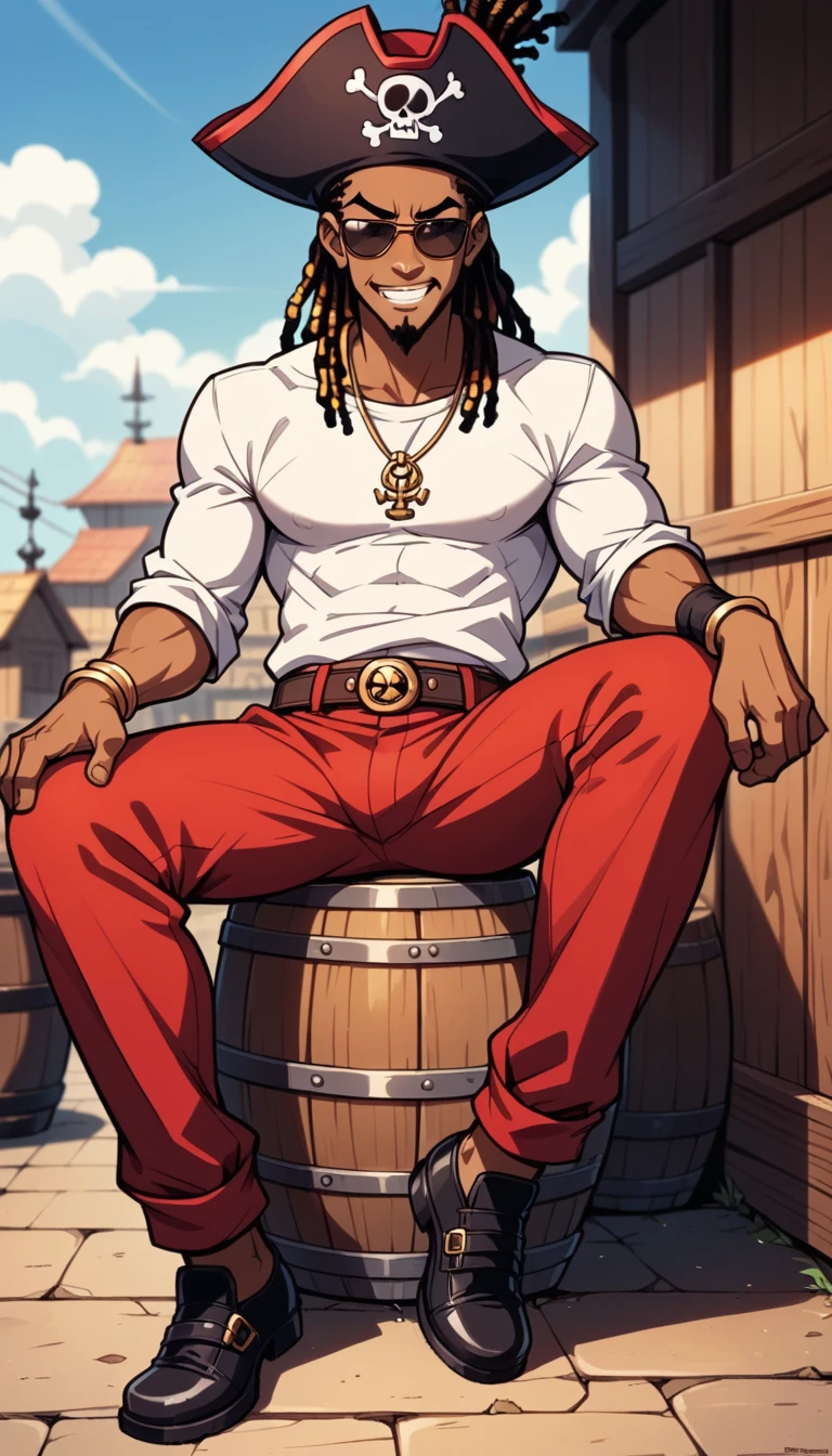 1 black man,  long hair dreadlock s,white pirate shirt ,Pirate man,  goatee, thin and muscular, sunglasses,  black bracelets ,long red pants,PIRATE HAT, men's black shoes , dynamic pose style, sitting on a barrel ,open smile,Frowned frown ,  Cartoon style , contrast